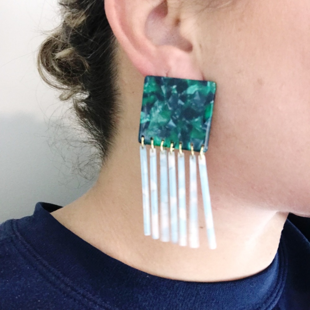 Square Earrings in Green with Blue Fringe - Picture 7 of 7